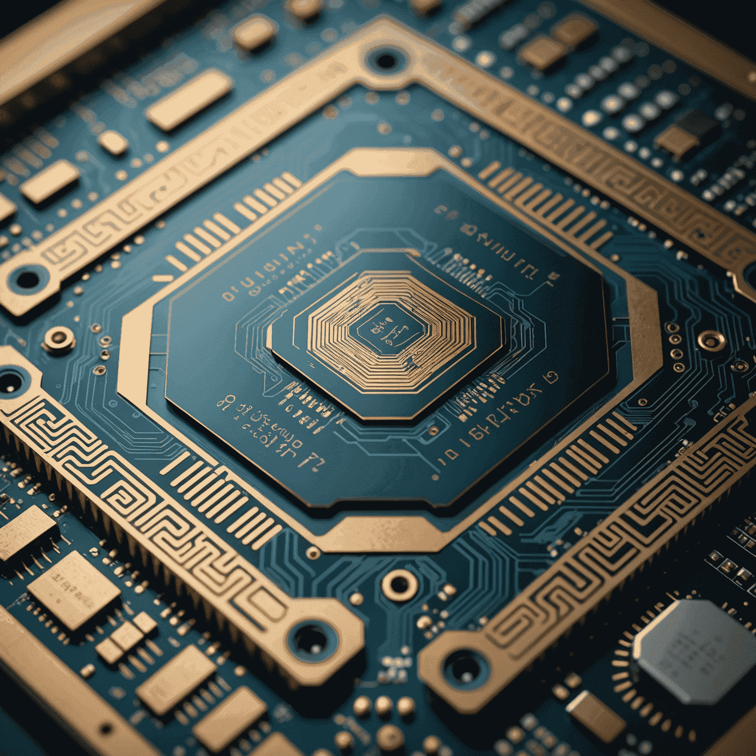 Close-up image of a quantum computer chip with intricate patterns and circuitry, representing the cutting-edge advancements in quantum computing hardware