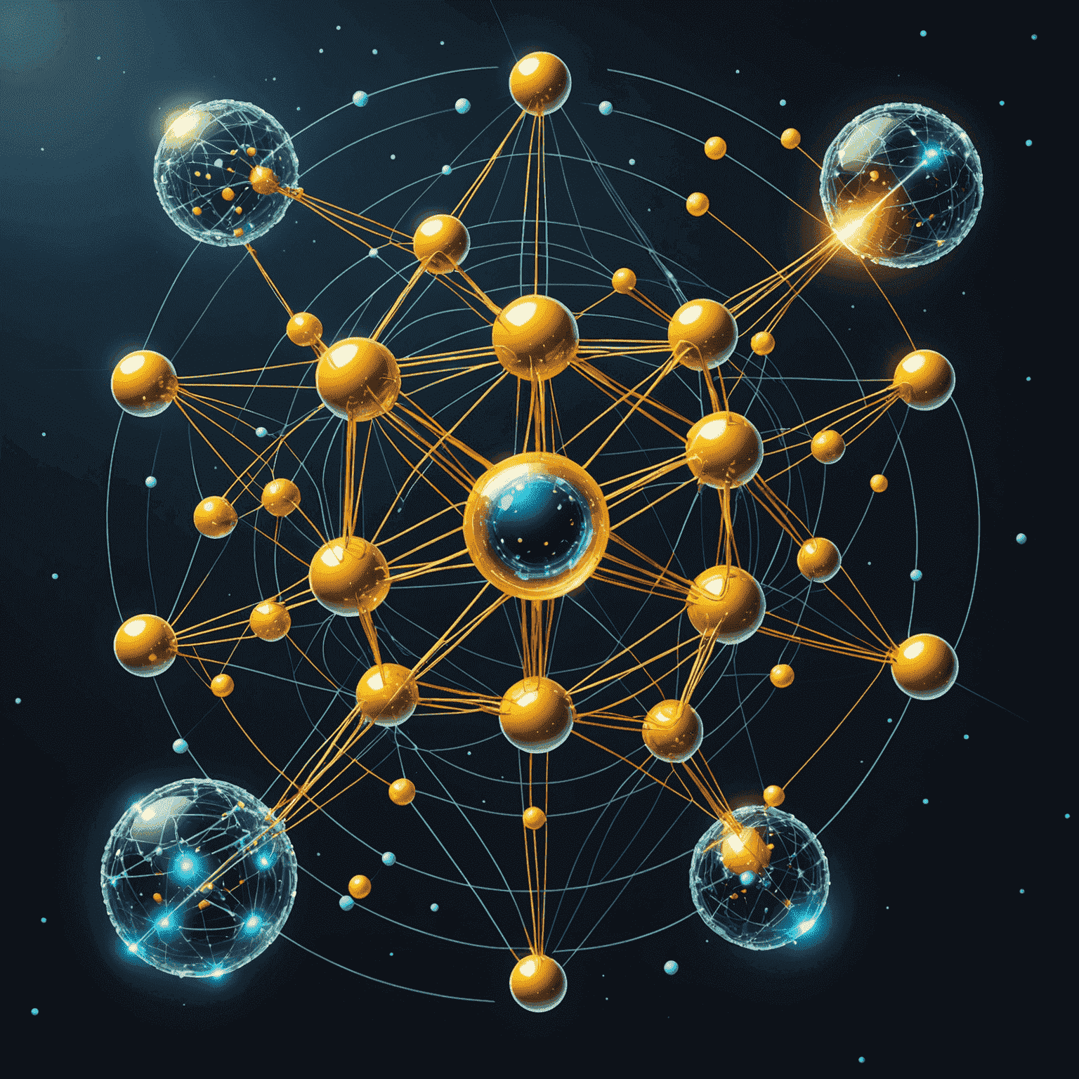 An illustration depicting the concept of quantum computing, with qubits represented as glowing spheres connected by lines, symbolizing the entanglement and superposition principles that give quantum computers their power.