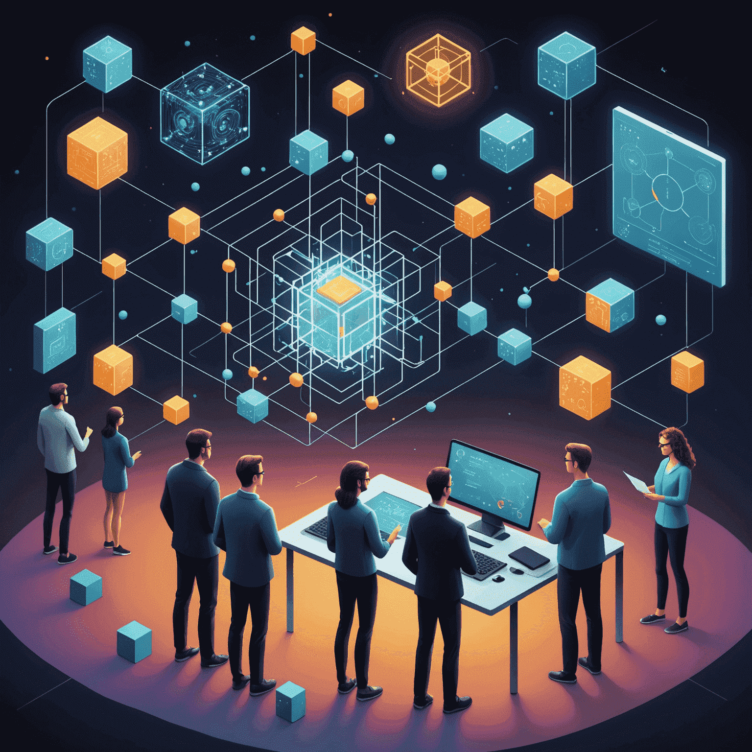 Illustration of people learning about quantum computing, with visual representations of qubits, quantum circuits, and algorithms