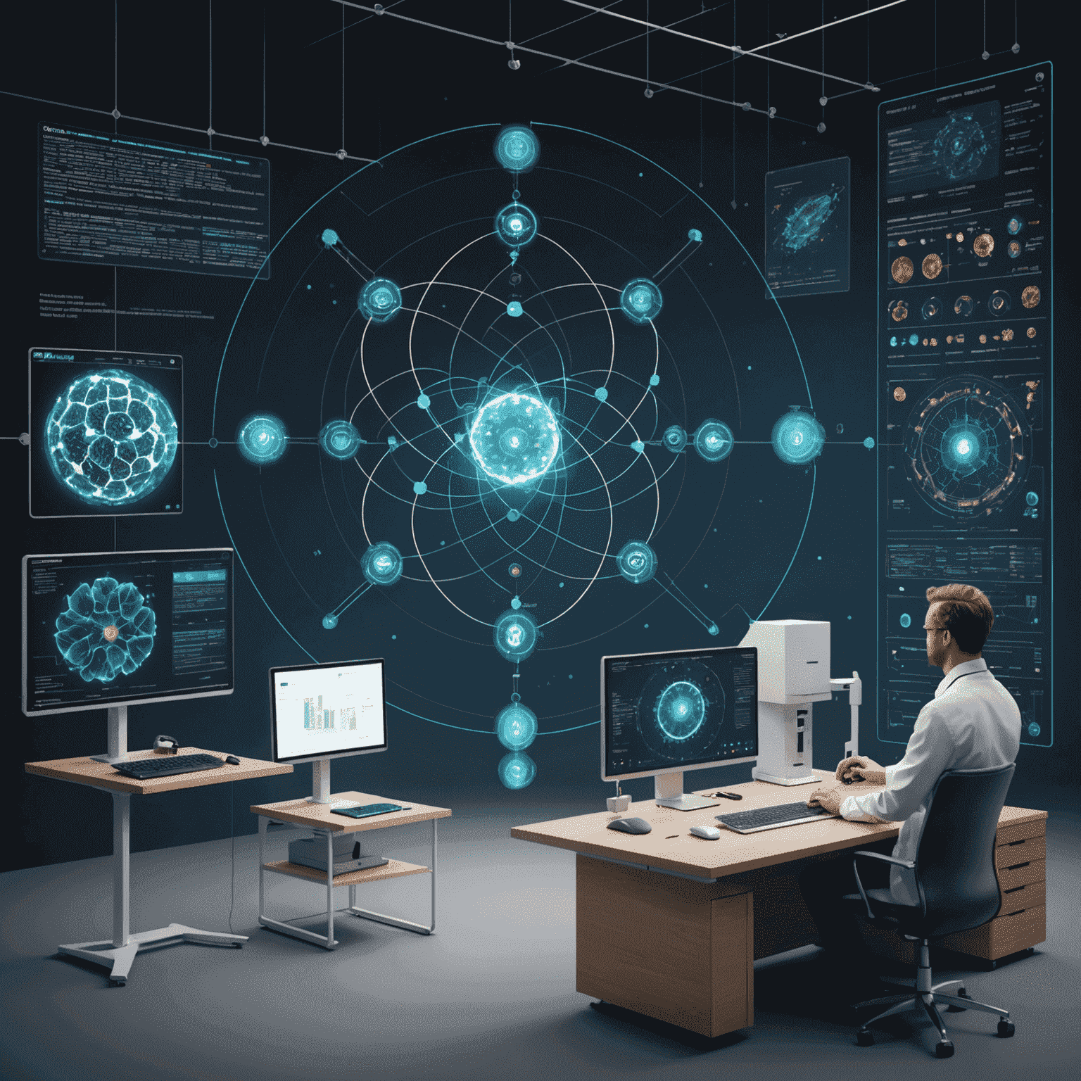 Illustration of quantum computing being used for personalized medicine, with a quantum computer analyzing patient data and generating tailored treatment plans