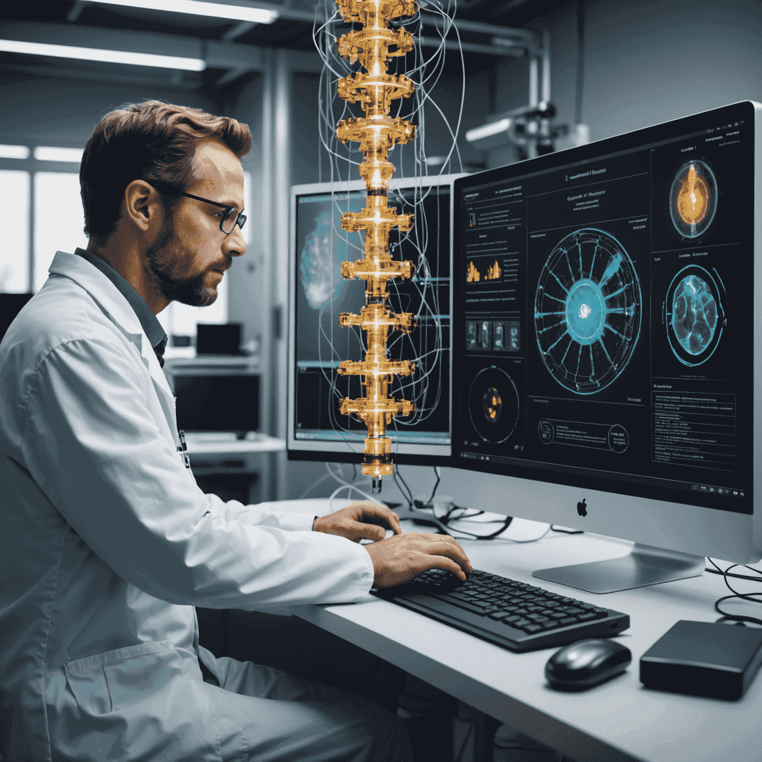 Illustration of quantum computing being used for medical imaging and diagnostics, with a quantum computer processing and enhancing medical images for more accurate diagnoses