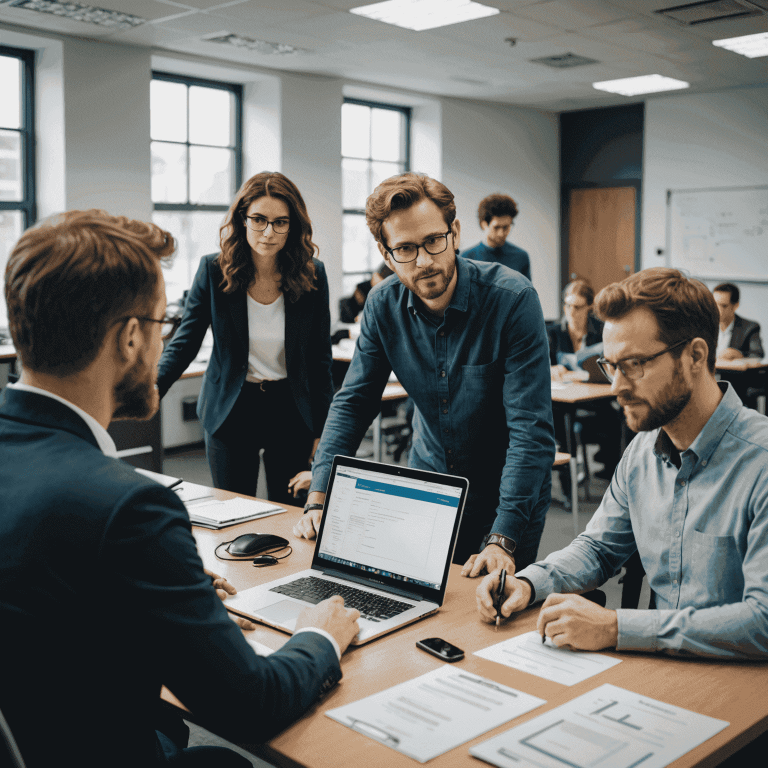 A group of people attending a quantum computing training session, learning from an expert instructor in a classroom setting.