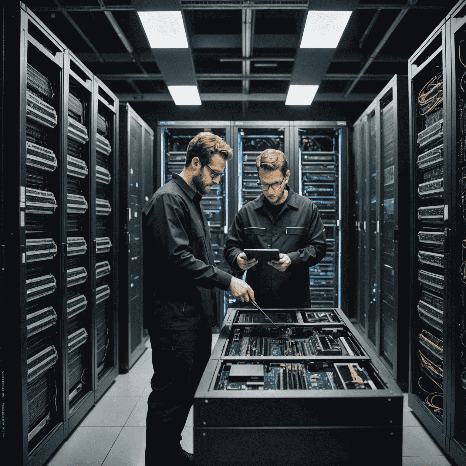 Technicians setting up quantum computing hardware and networking components in a server room.